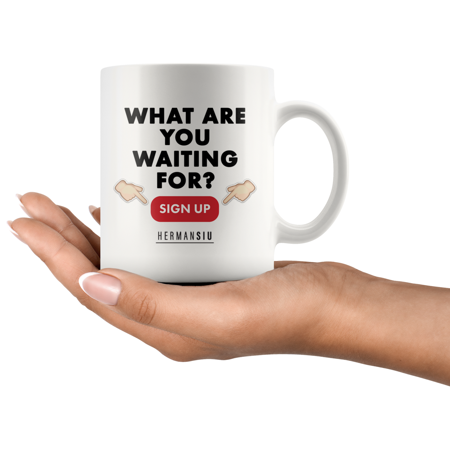 WHITE MUG RED BUTTON