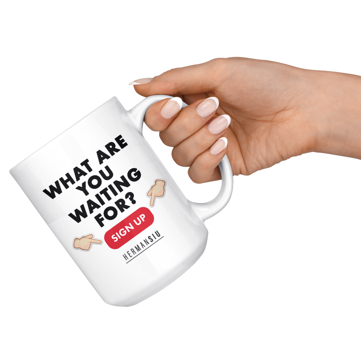 WHITE MUG RED BUTTON