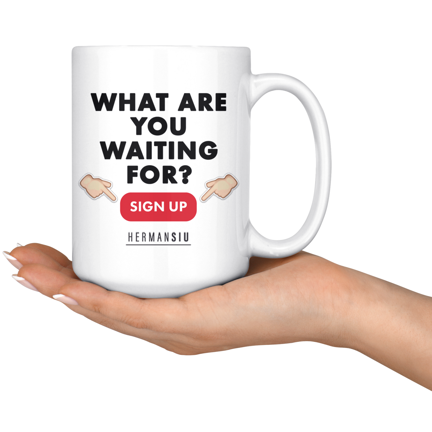 WHITE MUG RED BUTTON