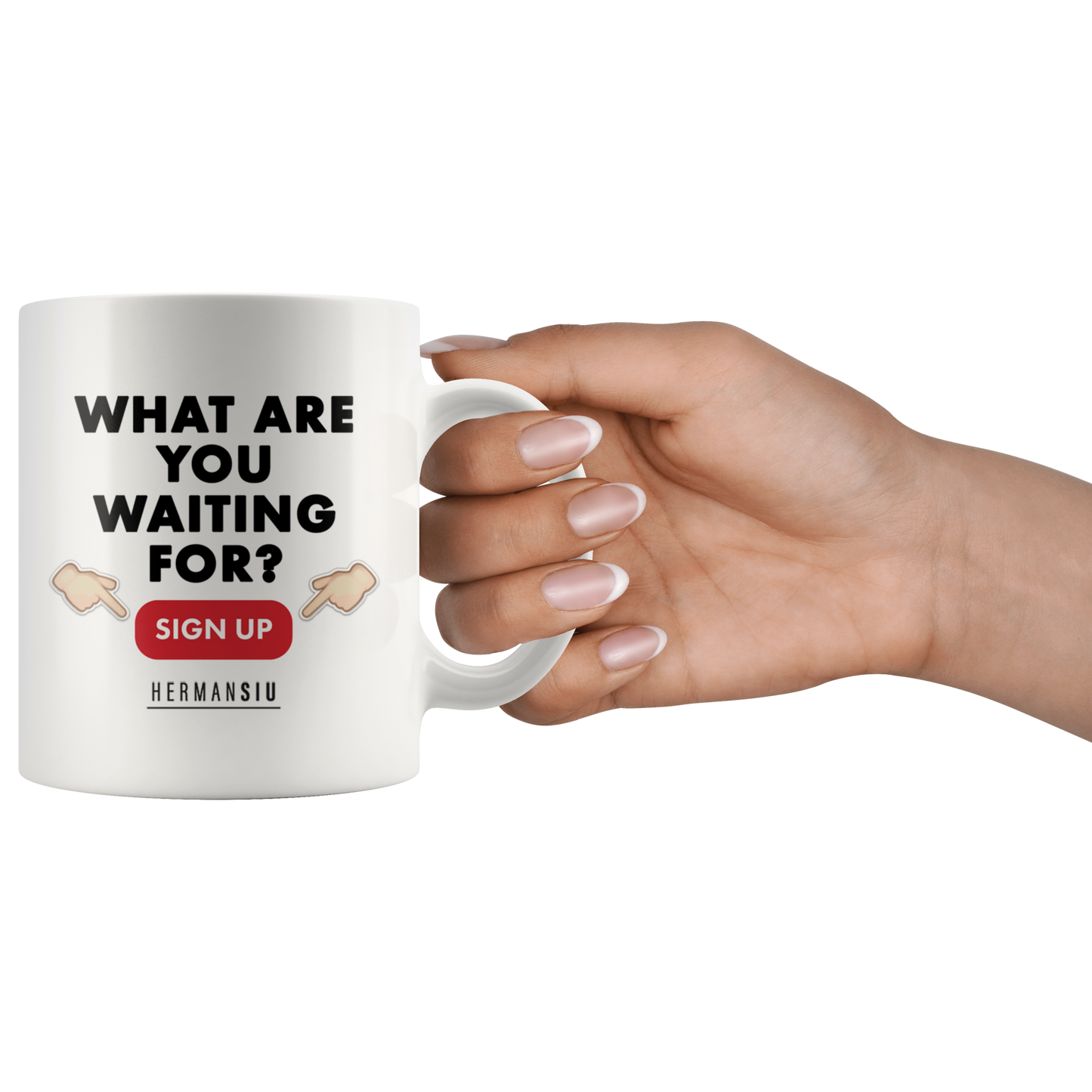 WHITE MUG RED BUTTON