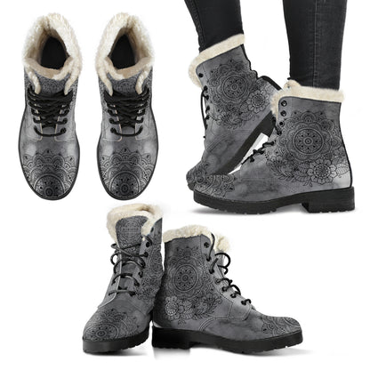GREY MANDALA FAUX FUR BOOTS