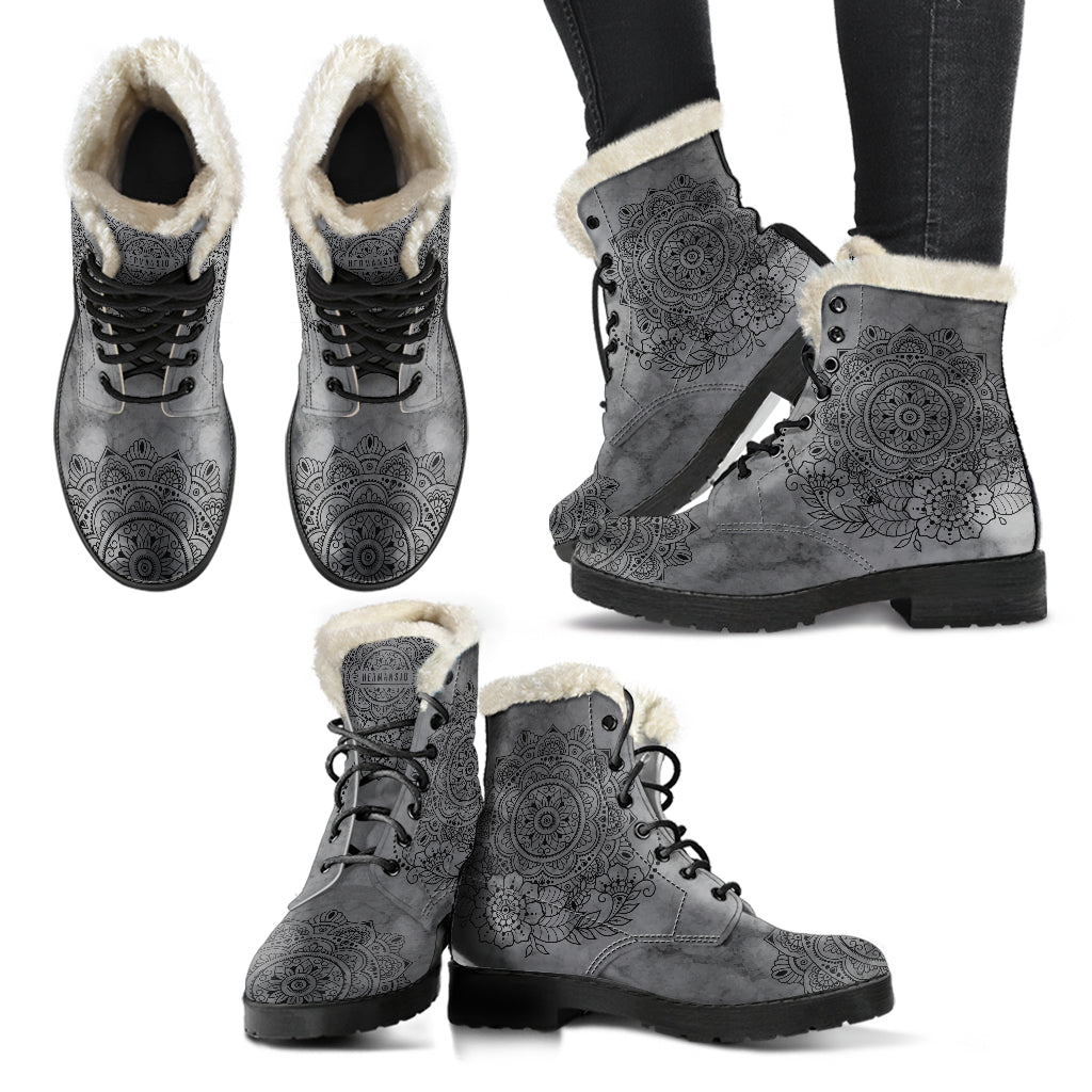 GREY MANDALA FAUX FUR BOOTS