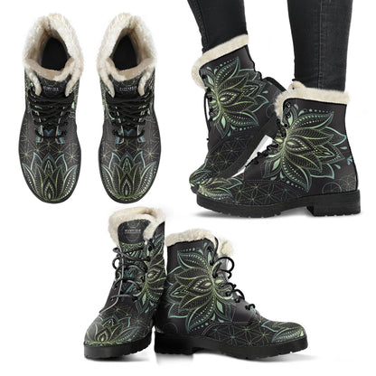 JADE GREEN FAUX FUR LOTUS BOOTS