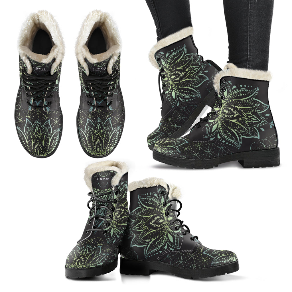 JADE GREEN FAUX FUR LOTUS BOOTS