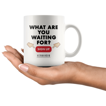 WHITE MUG RED BUTTON