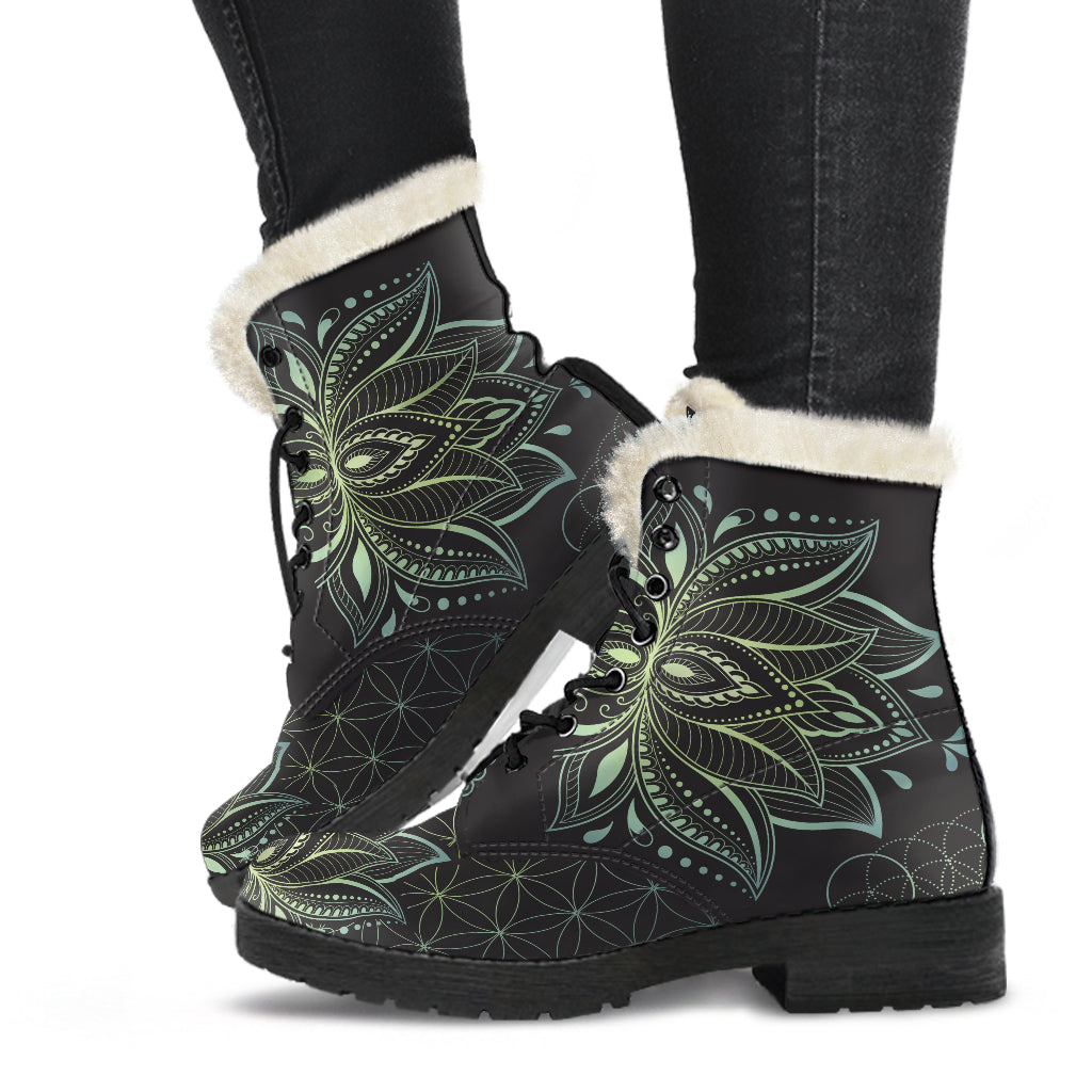 JADE GREEN FAUX FUR LOTUS BOOTS