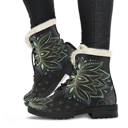 JADE GREEN FAUX FUR LOTUS BOOTS