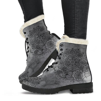 GREY MANDALA FAUX FUR BOOTS