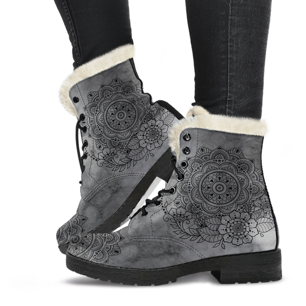 GREY MANDALA FAUX FUR BOOTS