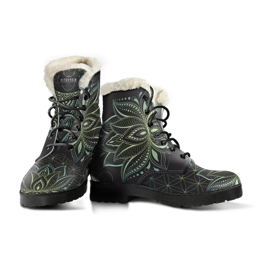 JADE GREEN FAUX FUR LOTUS BOOTS