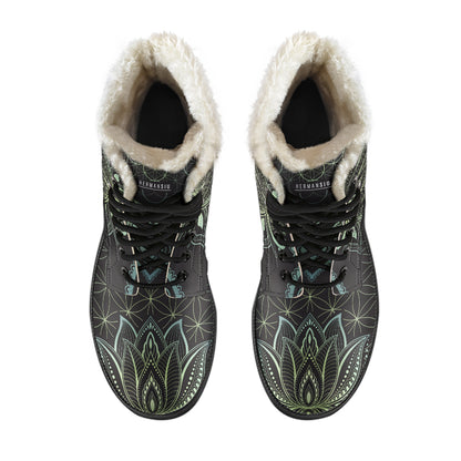 JADE GREEN FAUX FUR LOTUS BOOTS