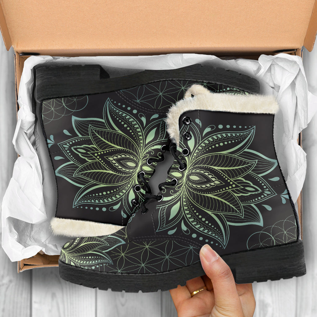 JADE GREEN FAUX FUR LOTUS BOOTS