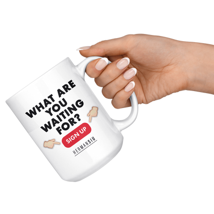 WHITE MUG RED BUTTON