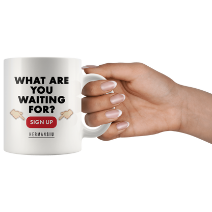 WHITE MUG RED BUTTON
